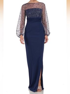 JS Collections Logan Illusion Column Gown Mesh Sequin Navy Size 4